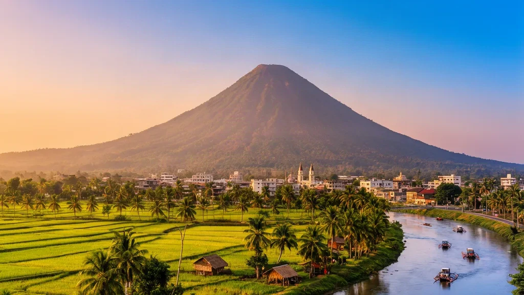 Vista durante la hora dorada del monte Arayat elevándose sobre los arrozales y el horizonte urbano de Pampanga en Filipinas