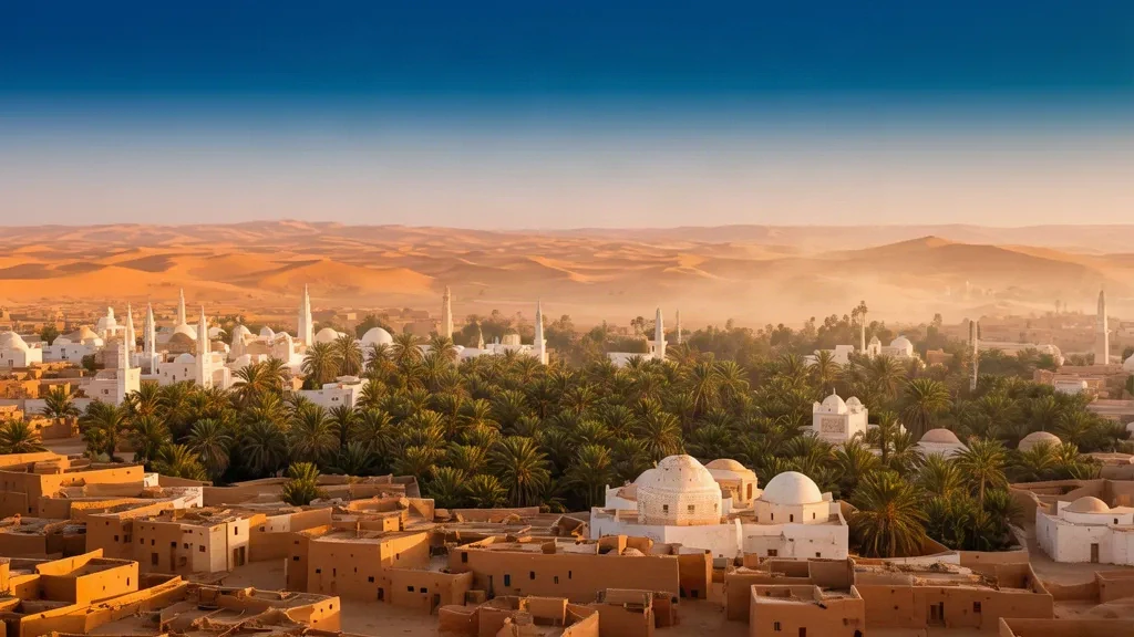 Saharische Skyline von El Oued, Algerien, mit weißen Kuppelmoscheen, Minaretten und Dattelpalmenhainen im warmen goldenen Wüstenlicht.