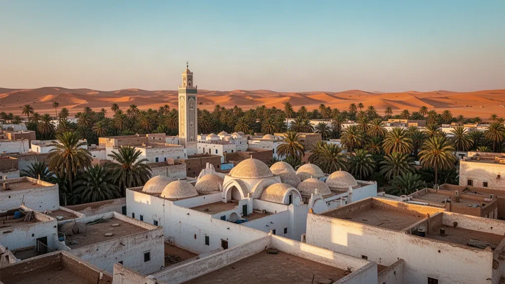 Blick zur goldenen Stunde auf El Oued, Algerien, mit weißen Kuppeldächern, dem Minarett der Großen Moschee und den umliegenden Dattelpalmenhainen der Sahara.