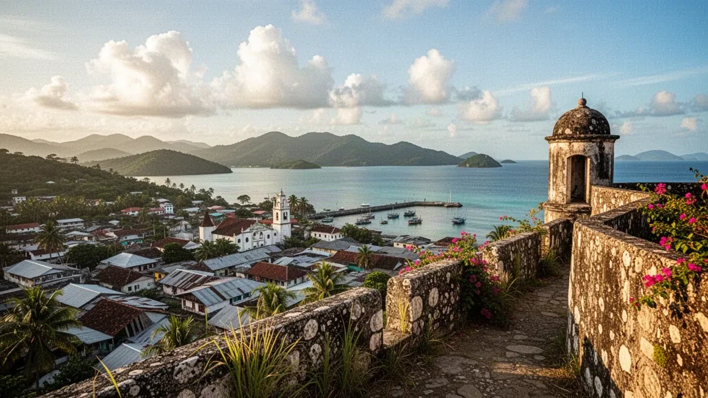 Muros de piedra del Fuerte San Andrés con vistas al puerto de la localidad de Romblon y a las islas verdes de Filipinas