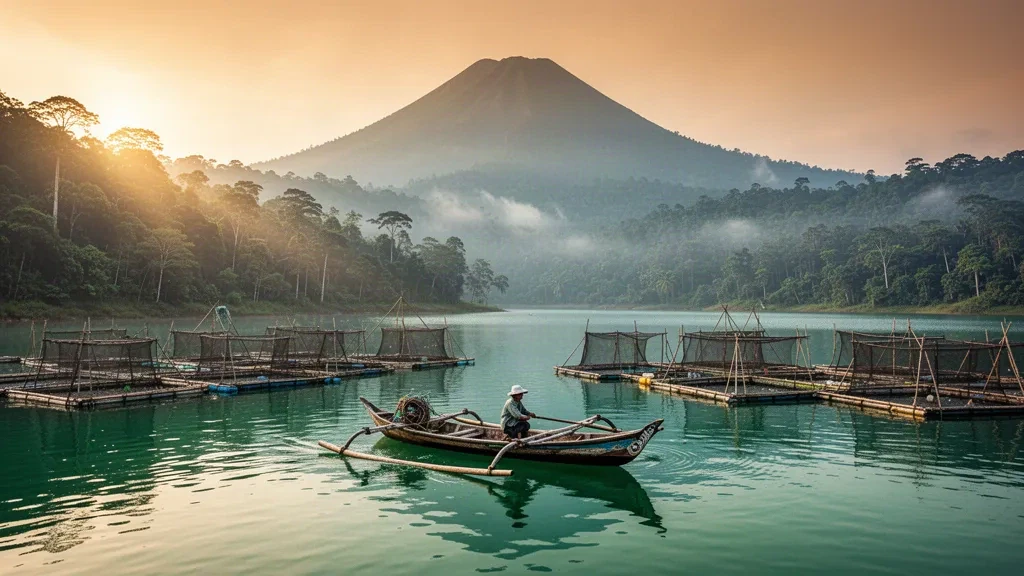 Canoa a bilanciere di legno che attraversa il Lago Sebu a South Cotabato, Filippine all'alba con colline boscose nebbiose e il Monte Matutum sullo sfondo