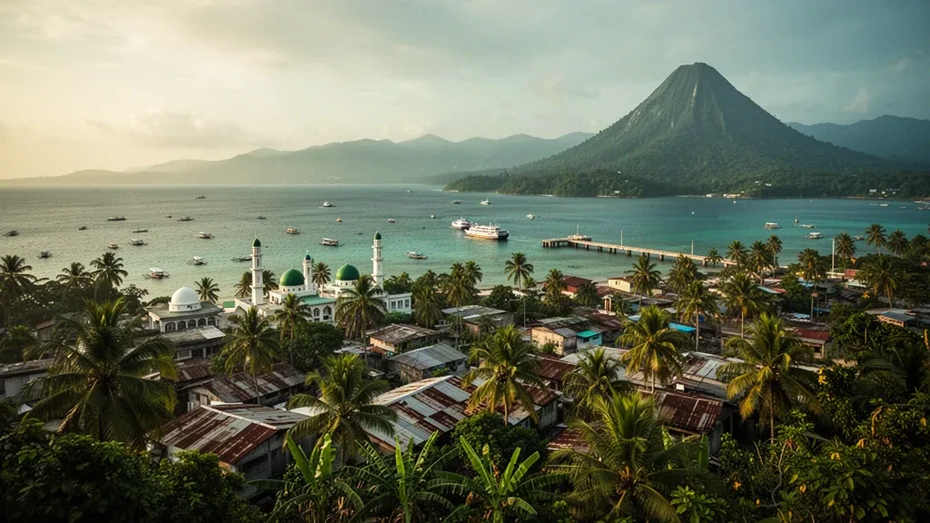 Vista durante la hora dorada sobre la ciudad de Jolo en Sulu, Filipinas, con el monte Tumantangis elevándose más allá del mar de Sulu y pequeñas embarcaciones con balancín