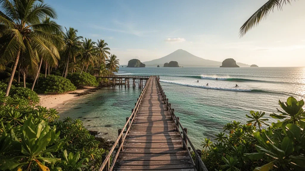Jetée en bois et surfeurs à Cloud 9 sur l'île de Siargao, Surigao del Norte, Philippines, encadrés par des cocotiers à l'heure dorée
