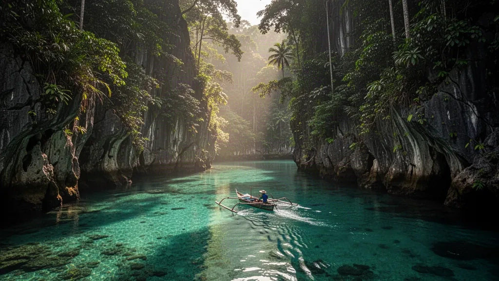 Turquoise waters of Hinatuan Enchanted River winding through lush limestone cliffs in Surigao del Sur, Philippines.