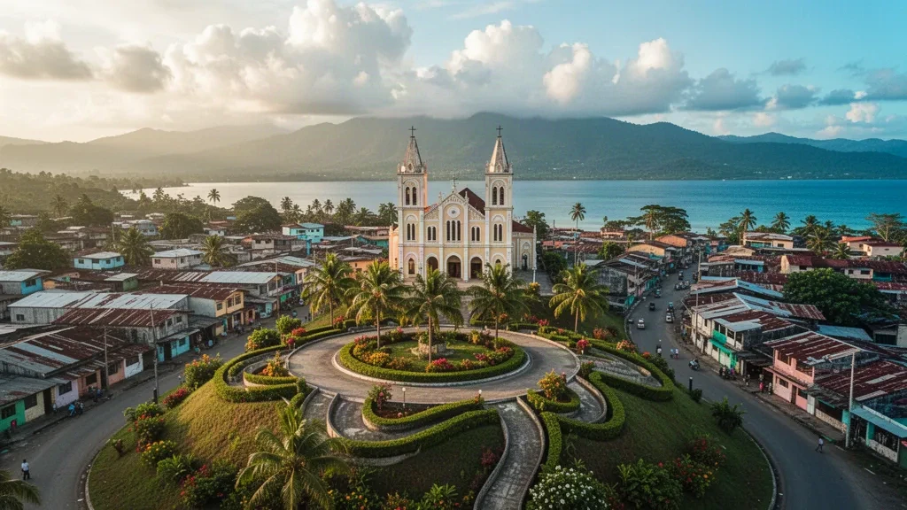 Golden-hour view of Pagadian City's hilltop rotonda and white cathedral towers overlooking rooftops in Zamboanga del Sur, Philippines