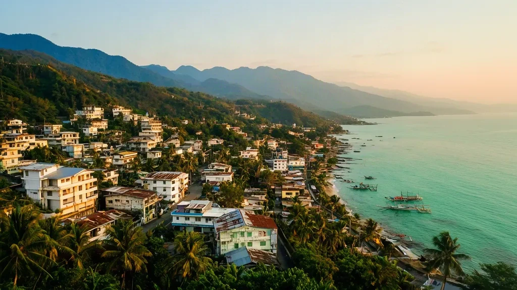 Vista durante la hora dorada sobre el skyline en la ladera de Pagadian City y la bahía de Illana en Zamboanga del Sur, Filipinas