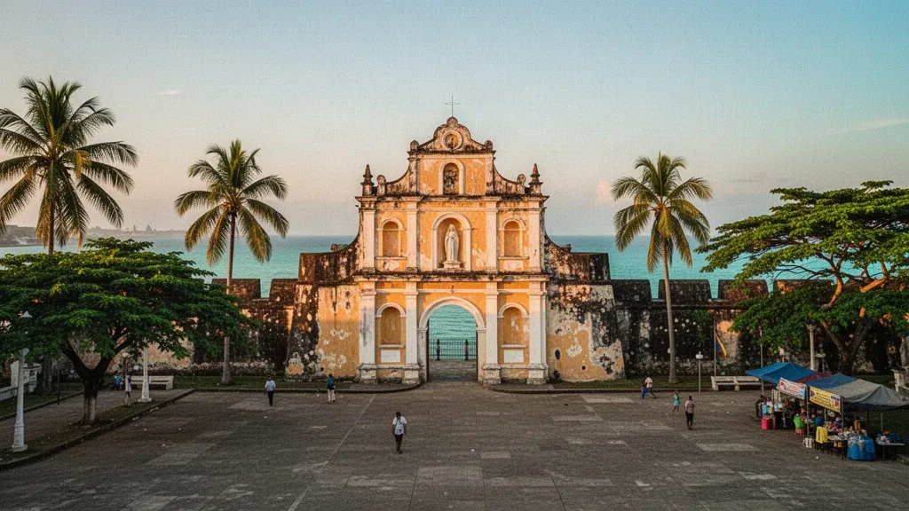 Muros de piedra coralina y santuario mariano del Fuerte Pilar en la ciudad de Zamboanga, Filipinas, resplandeciendo con la cálida luz de la hora dorada junto al mar