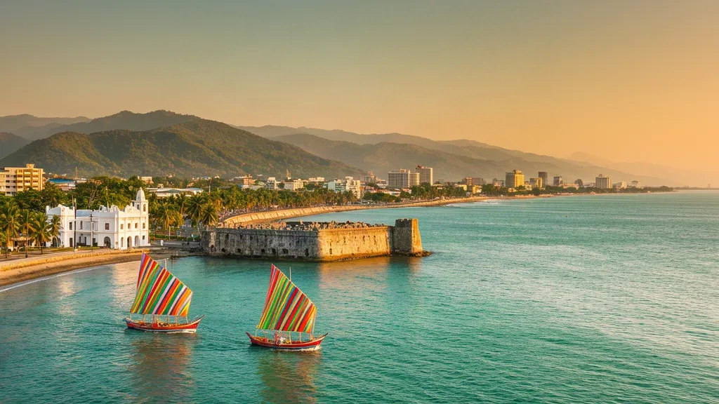 Vele colorate delle vinta sul lungomare di Zamboanga City durante l'ora d'oro, con Fort Pilar e il Golfo di Moro sullo sfondo