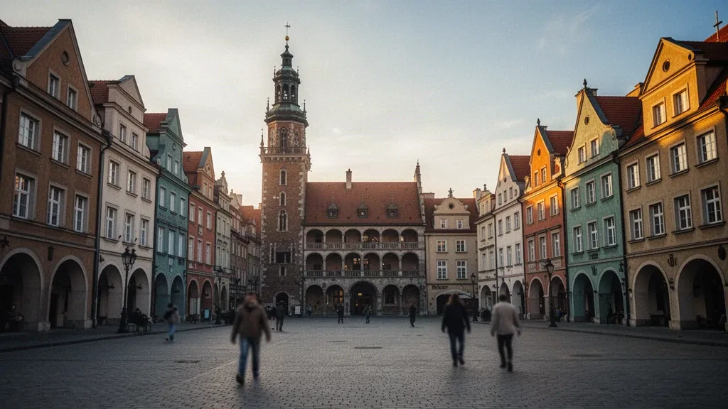 Case dei mercanti dai colori pastello e il municipio rinascimentale sulla Piazza del Mercato Vecchio di Poznań in Grande Polonia durante l'ora d'oro