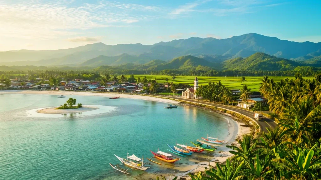 Vista a la hora dorada de la costa de Zamboanga Sibugay cerca de Ipil con barcos de balancín en la bahía de Sibuguey, palmeras y colinas verdes al fondo