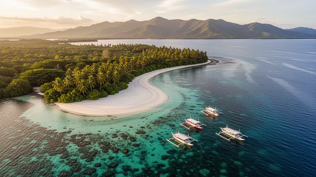 Playa de arena blanca y aguas turquesa de la isla de Buluan en Zamboanga Sibugay, Filipinas, a la hora dorada