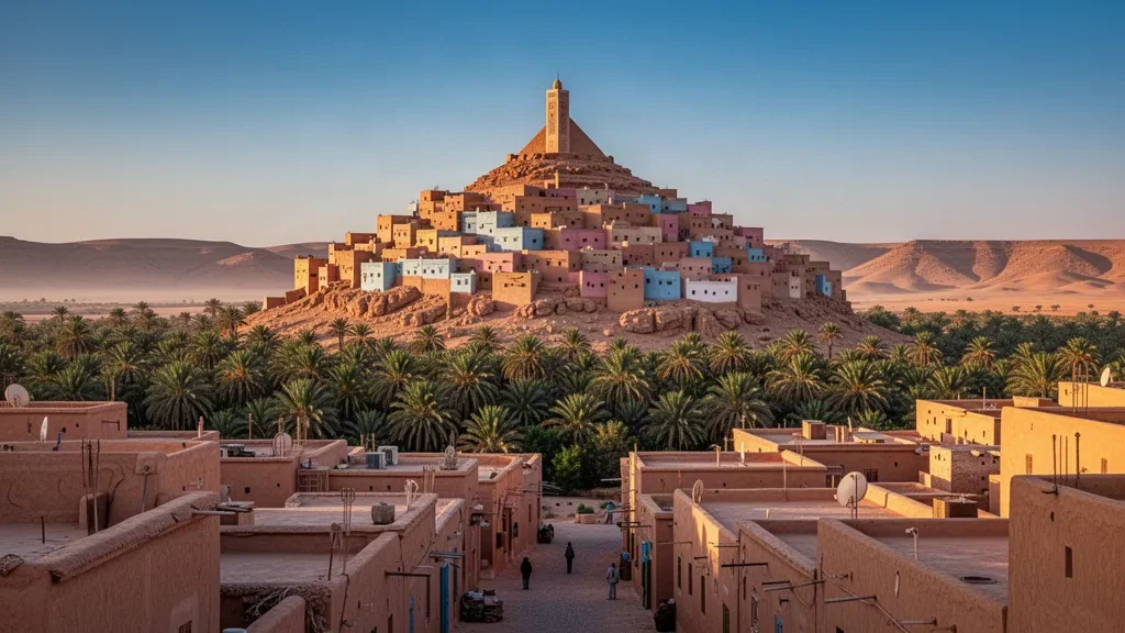 Sunlit hilltop ksar of Ghardaïa in Algeria's M'zab Valley, its pyramidal minaret rising above pastel desert houses and palm groves