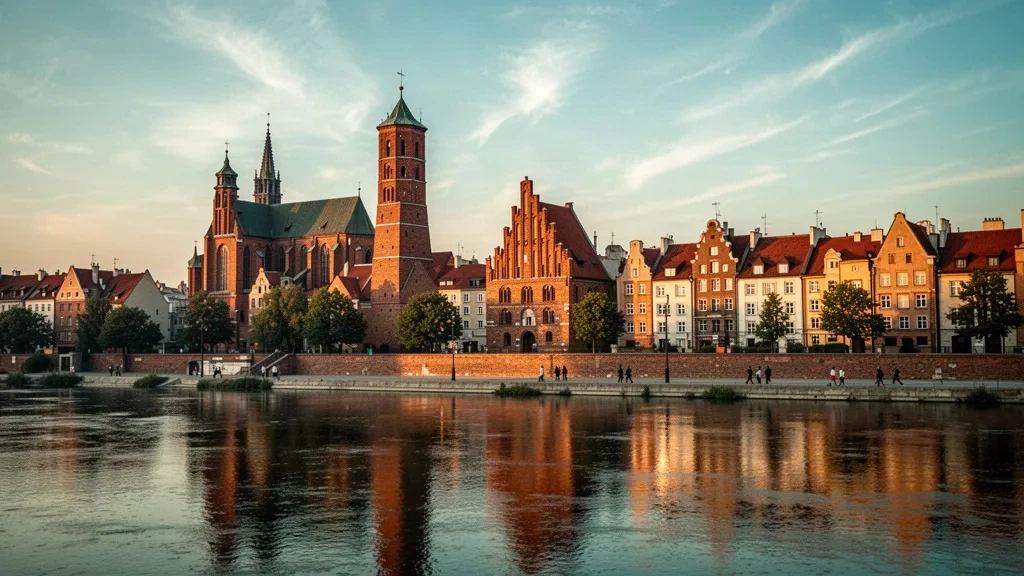 Panorama del casco antiguo medieval de Toruń y el malecón del río Vístula a la hora dorada en Cuyavia y Pomerania, Polonia