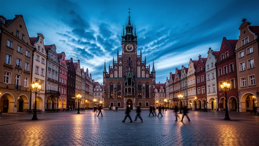 Piazza del Mercato di Breslavia al crepuscolo con il Municipio illuminato e le case colorate con frontoni a timpano in Bassa Slesia, Polonia