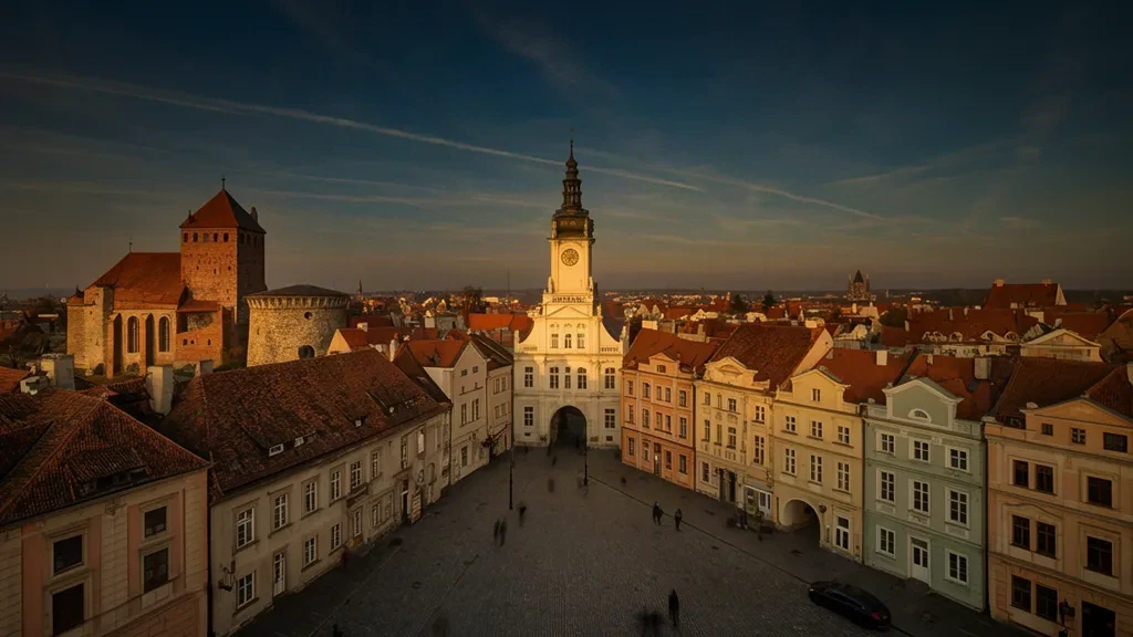 Vista durante la hora dorada sobre el casco antiguo de Lublin, en Polonia, con la torre del reloj de la Puerta de Cracovia y la torre del castillo de Lublin y tejados renacentistas en tonos pastel