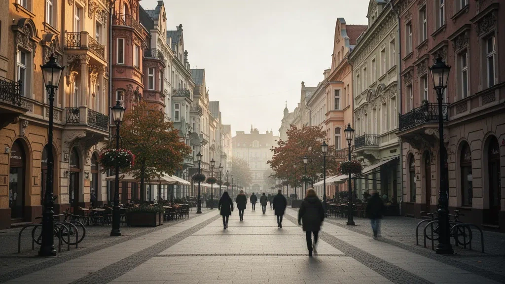 Blick zur goldenen Stunde entlang der Piotrkowska-Straße in Łódź, Polen, mit historischen Jugendstil-Mietshausfassaden und Fußgängern.