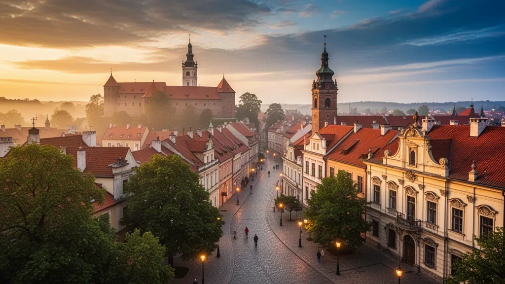 Veduta all'ora d'oro della Città Vecchia di Lublino con il castello storico, i tetti rossi e i vicoli acciottolati nella Polonia orientale.
