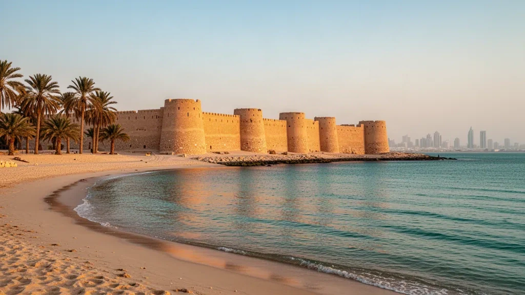 Vue à l'heure dorée des anciens remparts en calcaire du fort de Qal'at al-Bahrain sur la côte du golfe Persique, encadrés par des palmiers-dattiers et une eau turquoise calme.