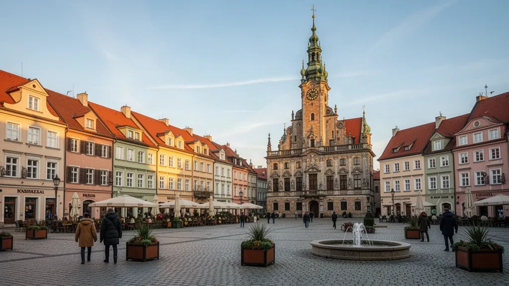 Vista durante la hora dorada de la Plaza del Casco Antiguo de Zielona Góra en Lubusz, Polonia, con coloridas casas históricas y la torre del ayuntamiento