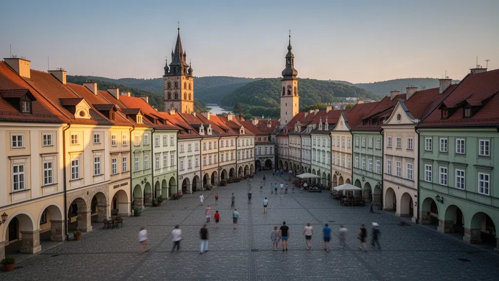 Marktplatz der Altstadt von Rzeszów mit pastellfarbenen Bürgerhäusern und historischem Turm in der Woiwodschaft Karpatenvorland in Polen zur goldenen Stunde