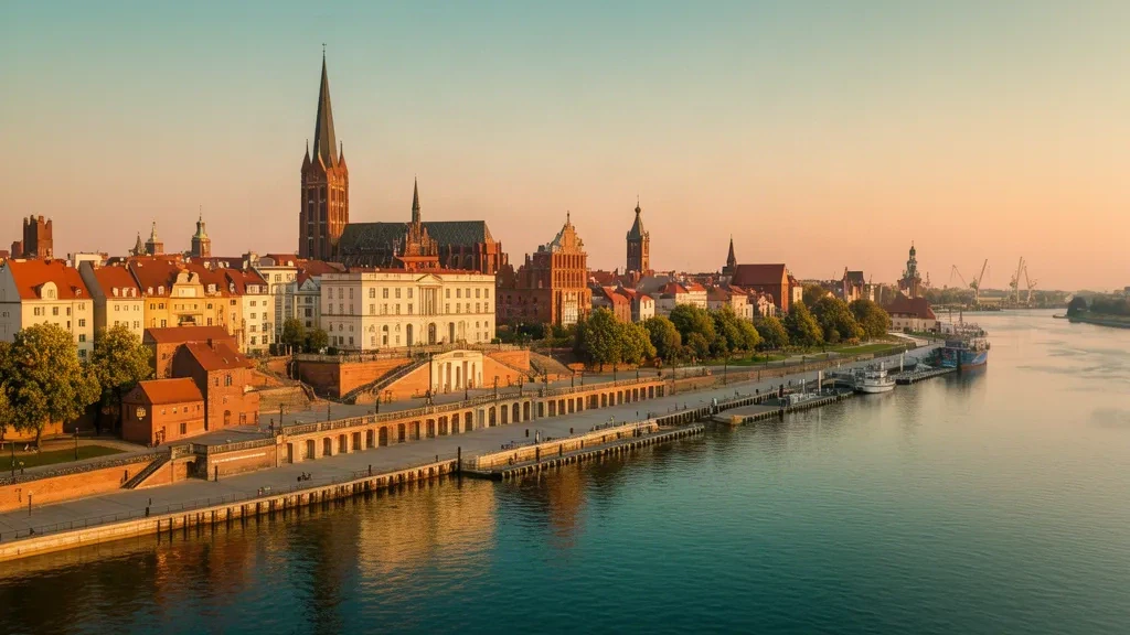 Szczecin skyline at golden hour with the Pomeranian Dukes' Castle and Oder River, West Pomerania travel destination
