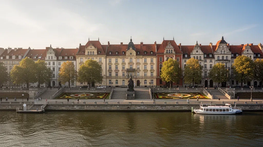 Panoramablick auf die Terrassen der Chrobry-Böschung und die Oder in Stettin, Westpommern, Polen, zur goldenen Stunde