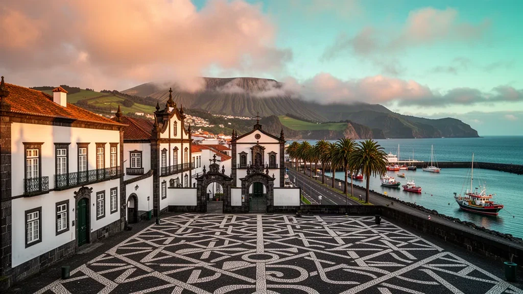 Blick zur goldenen Stunde über Ponta Delgada auf den Azoren, mit historischem Uferplatz, weiß getünchten Gebäuden, Palmen und Vulkanhügeln