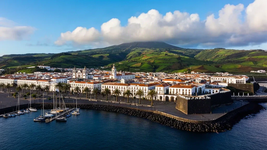 Paseo marítimo y puerto de Ponta Delgada en São Miguel, Azores, con edificios históricos encalados, puerto deportivo y colinas volcánicas verdes