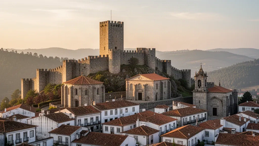 Mura di granito e torre mastio medievale del Castello di Bragança sopra i tetti del centro storico a Trás-os-Montes, Portogallo