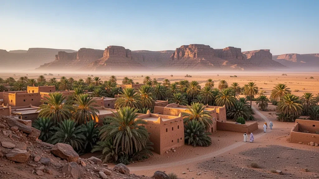 Vue à l'heure dorée de l'oasis d'Illizi en Algérie avec des maisons ocre en briques crues, des palmiers dattiers et des falaises de grès près du Tassili n'Ajjer