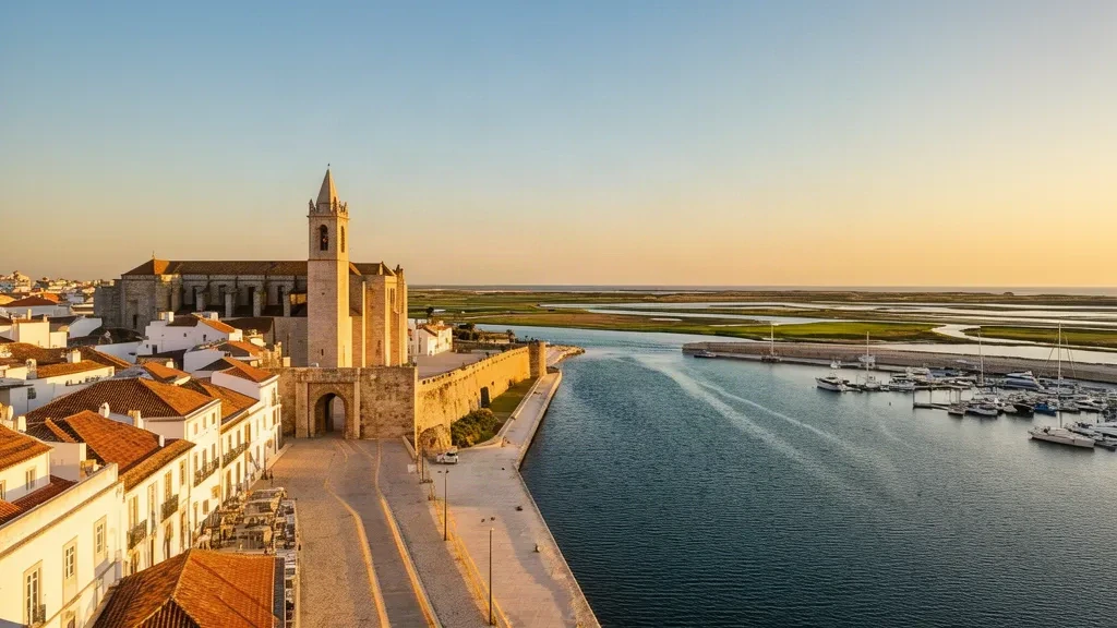 Golden-hour view over Faro's marina, old town rooftops and the Ria Formosa lagoon on Portugal's Algarve coast