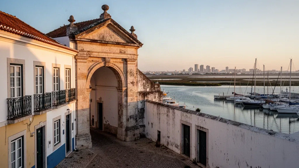 Steinbogen-Eingang zur Altstadt von Faro in der Algarve, Portugal, mit weiß getünchten Gebäuden und Booten an der Marina im goldenen Licht