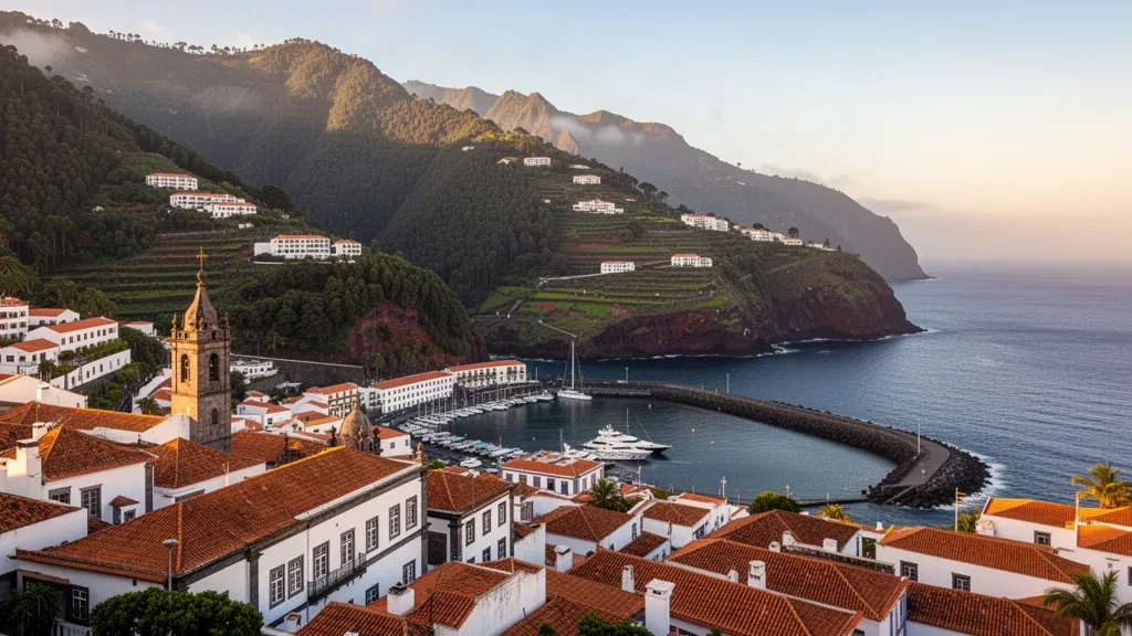 Funchal waterfront on Madeira, Portugal, with terracotta rooftops, a church tower, marina and green mountains behind the Atlantic Ocean
