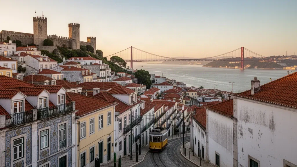 Golden-hour view over Lisbon's Alfama rooftops toward the Tagus river and São Jorge Castle in Portugal's historic cityscape.