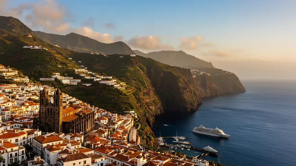 Funchal, Madeira en la hora dorada: tejados de terracota, torre de la catedral, puerto deportivo y montañas volcánicas verdes sobre la bahía atlántica.
