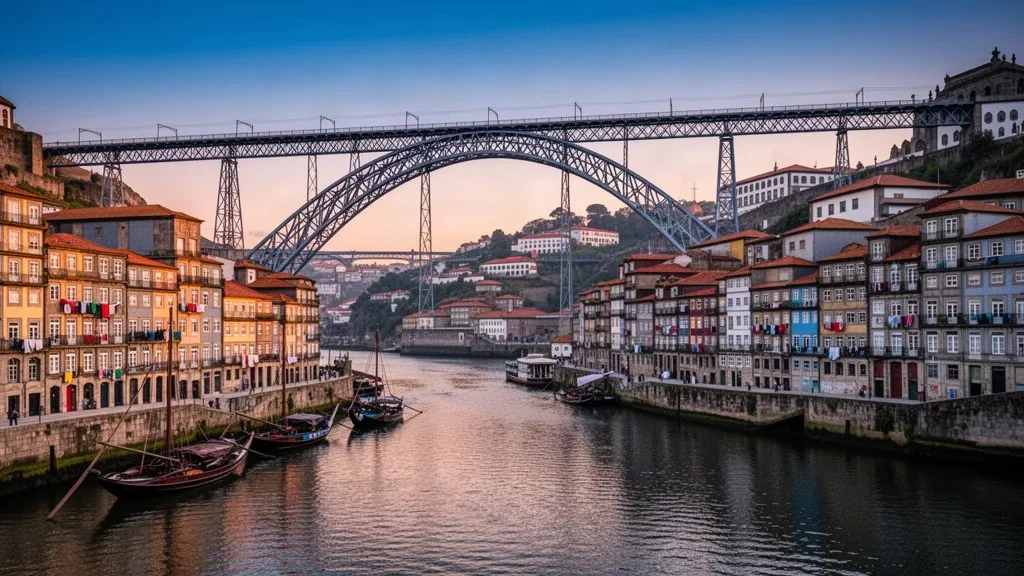 Il Ponte Dom Luís I che attraversa il fiume Douro sopra il lungofiume di Ribeira a Porto durante l'ora d'oro in Portogallo