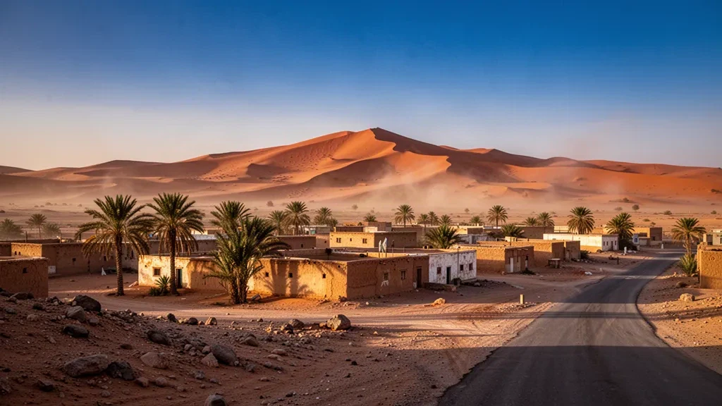 Golden-hour view of In Guezzam, Algeria, a remote Saharan border town with flat-roofed desert buildings and orange dunes behind it