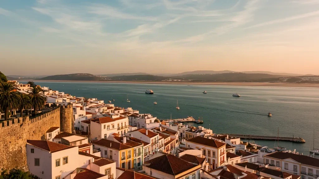 Blick zur goldenen Stunde über die Dächer von Setúbal zum Sado-Ästuar, Boote und die Hügel der Arrábida