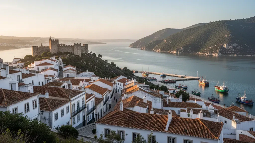 Casco antiguo de Setúbal y desembocadura del río Sado con el Fuerte de São Filipe y las colinas de Arrábida bajo una cálida luz de tarde