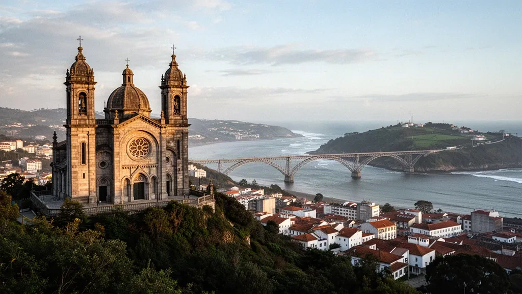 Santuario di Santa Luzia sulla sua collina boscosa sopra Viana do Castelo, Portogallo, con l'estuario del fiume Lima e la costa atlantica oltre