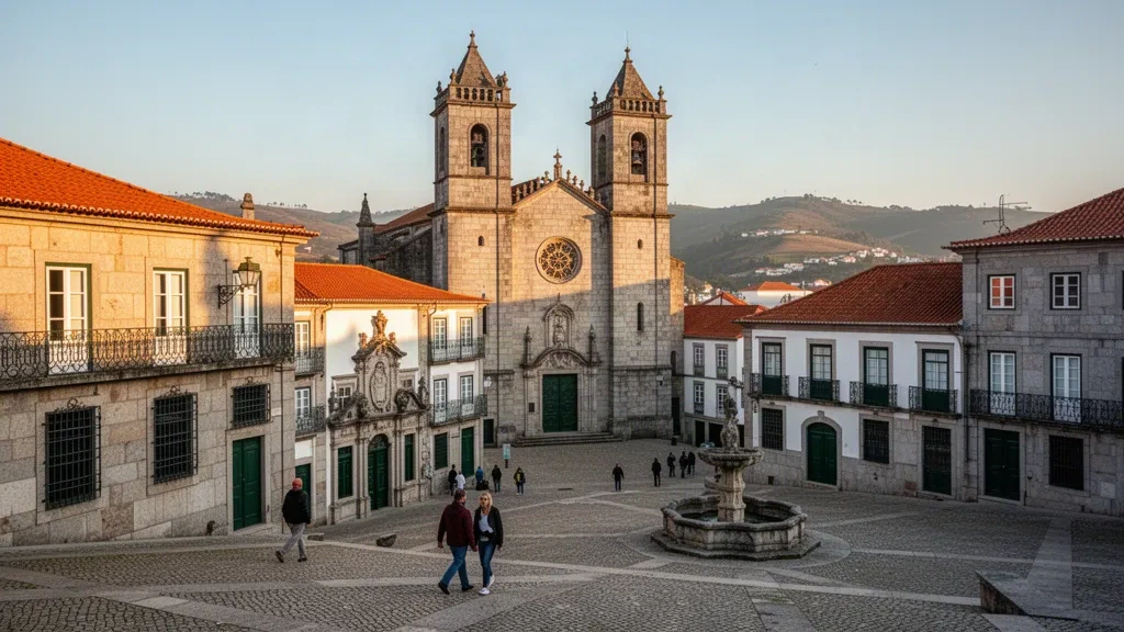 Tours de granit de la cathédrale de Viseu s'élevant au-dessus du centre historique pavé de Viseu, au Portugal, dans une lumière chaude de fin d'après-midi