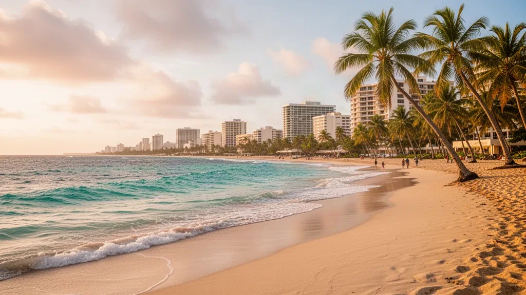 Heure dorée sur la plage d'Isla Verde à Carolina, Porto Rico, avec des palmiers, une eau turquoise et des hôtels en bord de mer en arrière-plan.