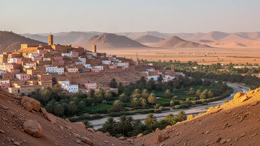 Ochre hillside old town of Laghouat, Algeria, above palm groves of the Oued M'Zi at the edge of the Sahara under warm afternoon light