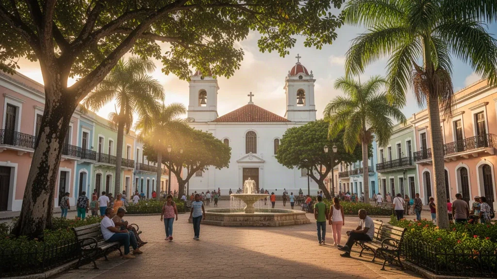 Vue à l'heure dorée de la Plaza de Recreo de Ceiba à Porto Rico, avec l'église historique San Antonio de Padua et des arbres tropicaux.