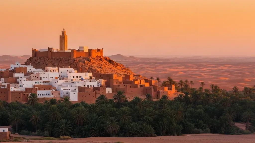 Ciudad vieja ocre y oasis de palmeras de Laghouat, Argelia, bajo el horizonte del desierto del Sahara a la hora dorada