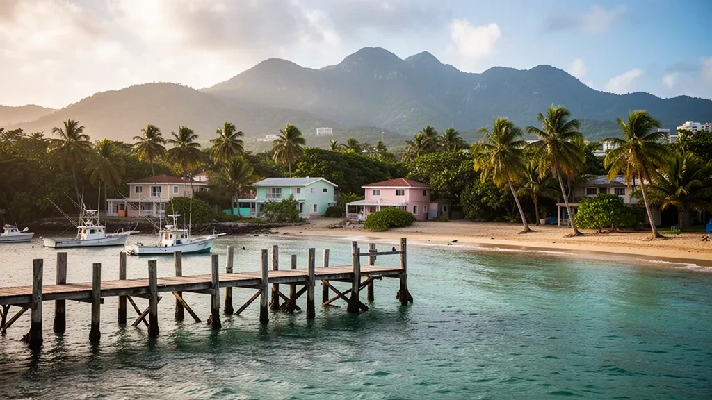 Palme e un pontile in legno lungo la costa caraibica di Punta Santiago a Humacao, Porto Rico, durante l'ora d'oro