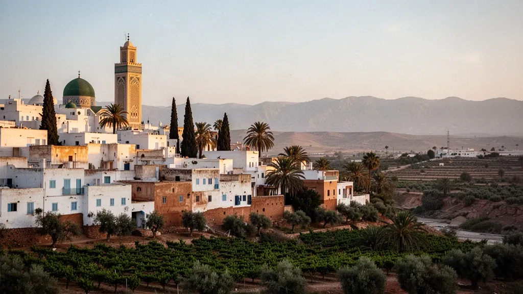 Golden-hour view of Mascara, Algeria, with the Emir Abdelkader Mosque minaret rising above whitewashed hillside rooftops and vineyards.
