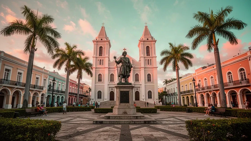 Golden-hour view of Plaza Colón in Mayagüez, Puerto Rico, with the Columbus statue and the Candelaria cathedral towers behind.