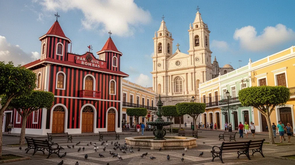 Caserne de pompiers rayée du Parque de Bombas et cathédrale sur la Plaza Las Delicias à Ponce, Porto Rico, baignées dans une lumière chaude d'après-midi