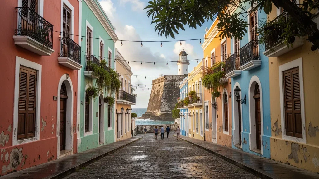 Bâtiments coloniaux pastel et rue pavée bleue dans la vieille ville de San Juan, Porto Rico, à l'heure dorée